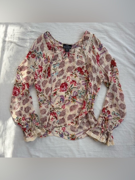 Angie Tops - Angie Cream Floral Blouse with Pink & Purple Blooms